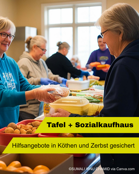 Freiwillige geben an einem Buffett Essen aus. &copy; Landkreis Anhalt-Bitterfeld via Canva.com