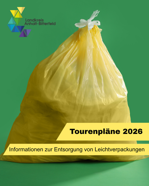 Ein gelber Müllsack vor grünem Hintergrund. &copy; Landkreis Anhalt-Bitterfeld via Canva.com