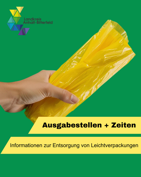Vor grünem Hintergrund sieht man eine Hand, die eine rolle gelber Plastiktüten hält. &copy; Landkreis Anhalt-Bitterfeld via Canva.com