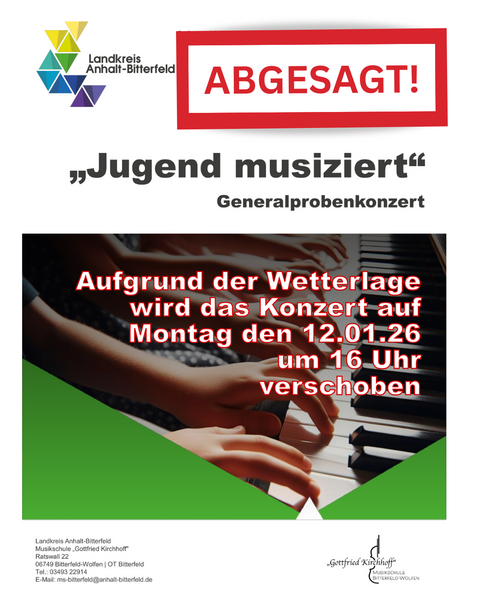 Man sieht ein Plakat mit Klavier-spielenden Händen, darauf der Hinweis "Abgesagt" &copy; Landkreis Anhalt-Bitterfeld via Canva-com