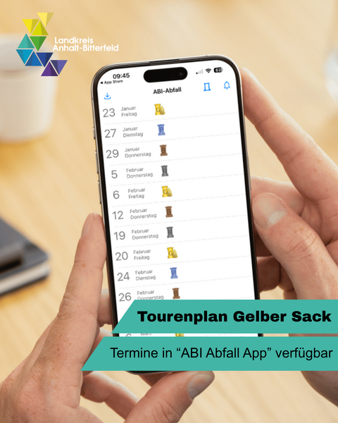 Man sieht zwei Hände, die ein Handy halten. Auf dem Display sieht man eine Auslistung von Terminen. &copy; Landkreis Anhalt-Bitterfeld via Canva.com